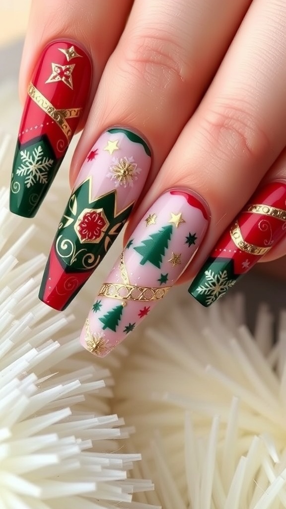 Elegant long coffin Christmas nails in red, green, and gold with festive designs.